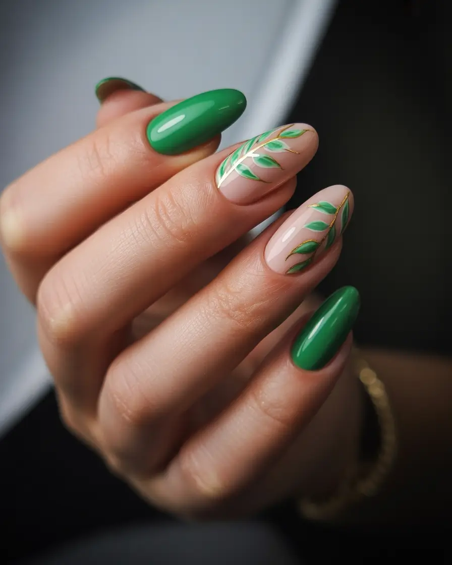 Fresh Green Nails for Summer 2025 Botanical Sage with Leafy Detailing