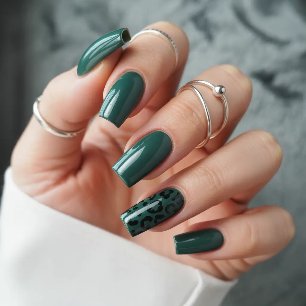 Fresh Green Nails for Summer 2025 Dark Jungle Chrome with Wild Leopard Detail