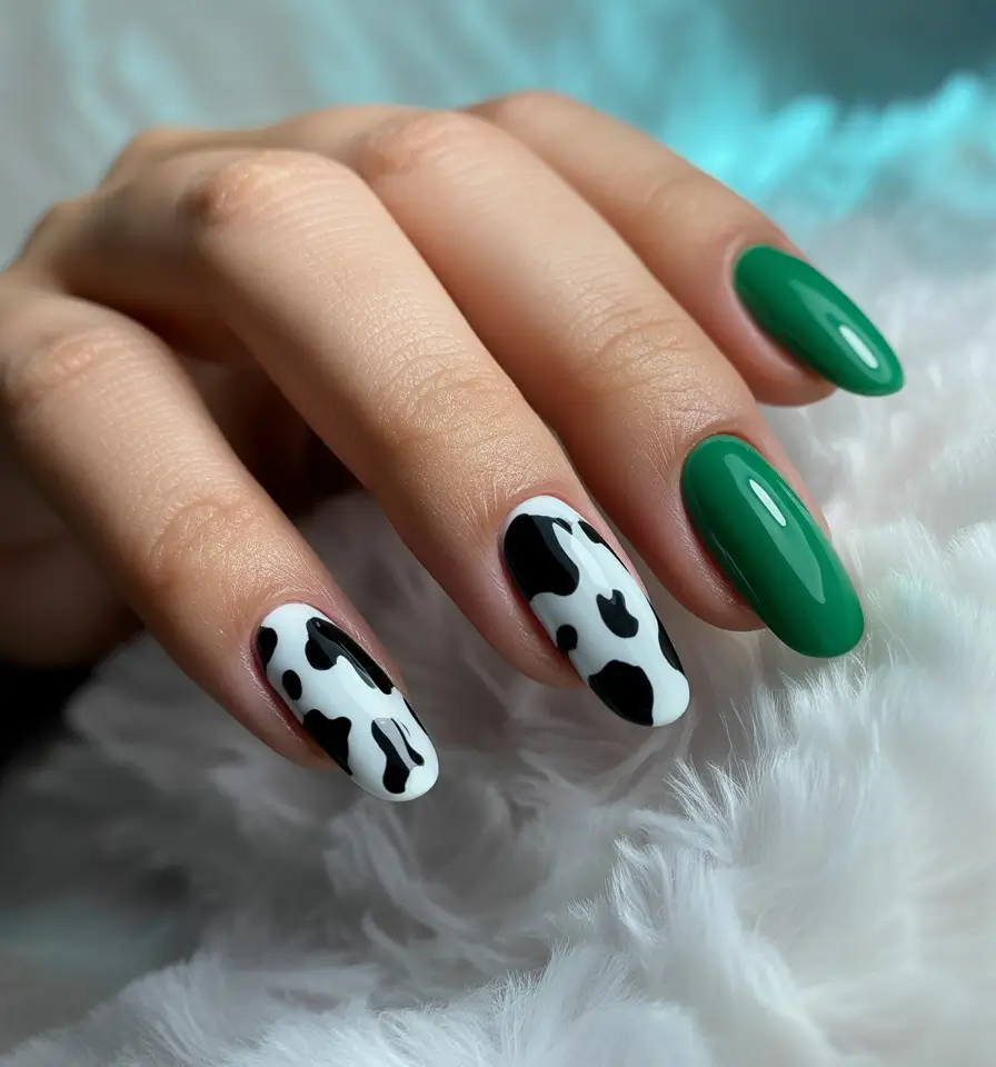 Fresh Green Nails for Summer 2025 Green & Cow Print Remix