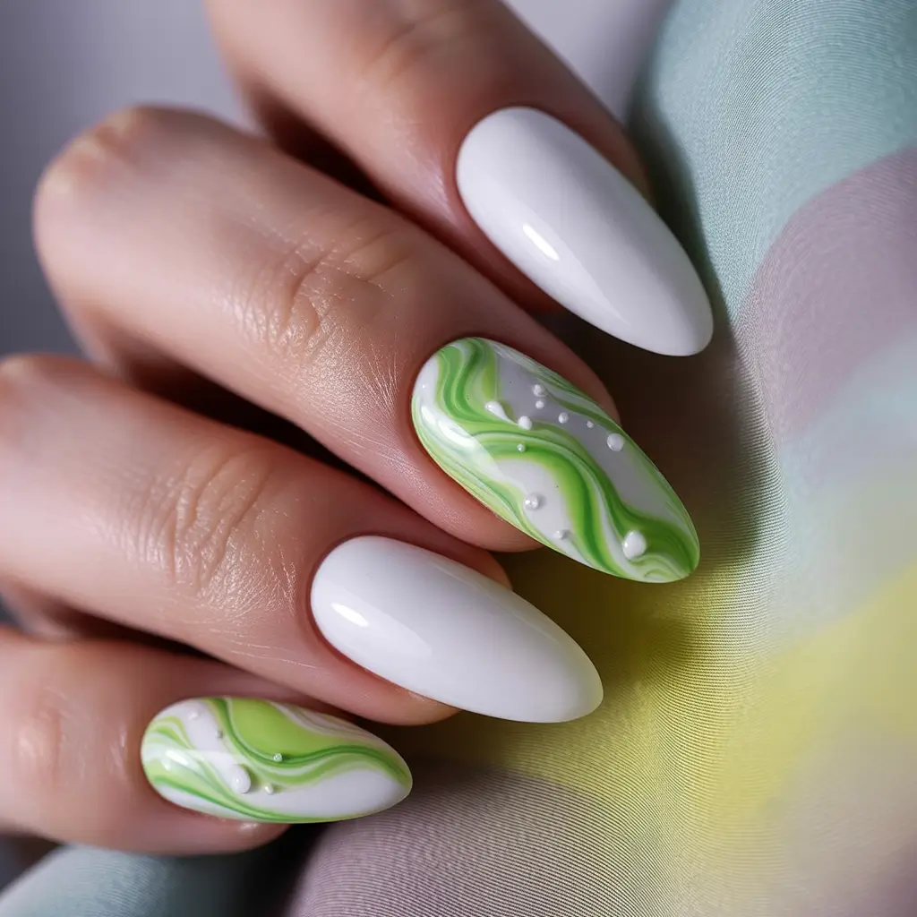 Fresh Green Nails for Summer 2025 Lime Marble Whirl with Pearl Detailing