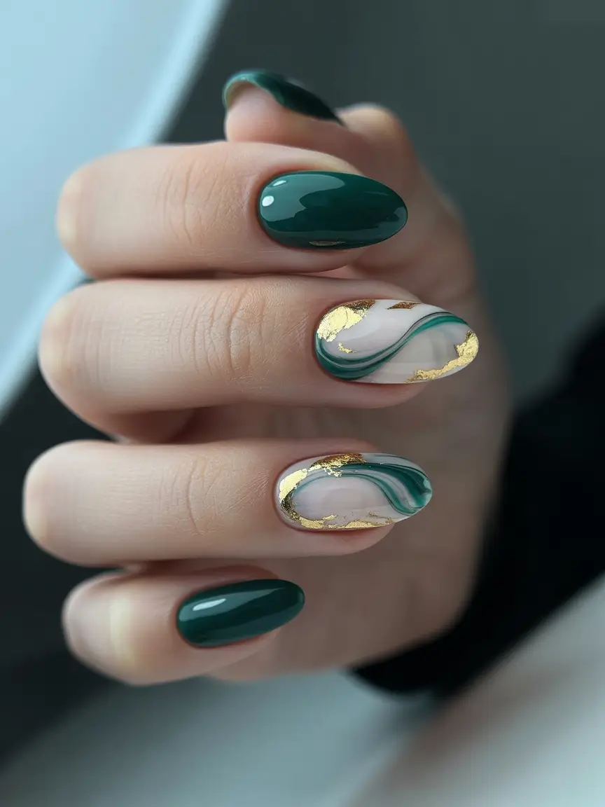 Fresh Green Nails for Summer 2025+Swirling Dark Green With Golden Marble