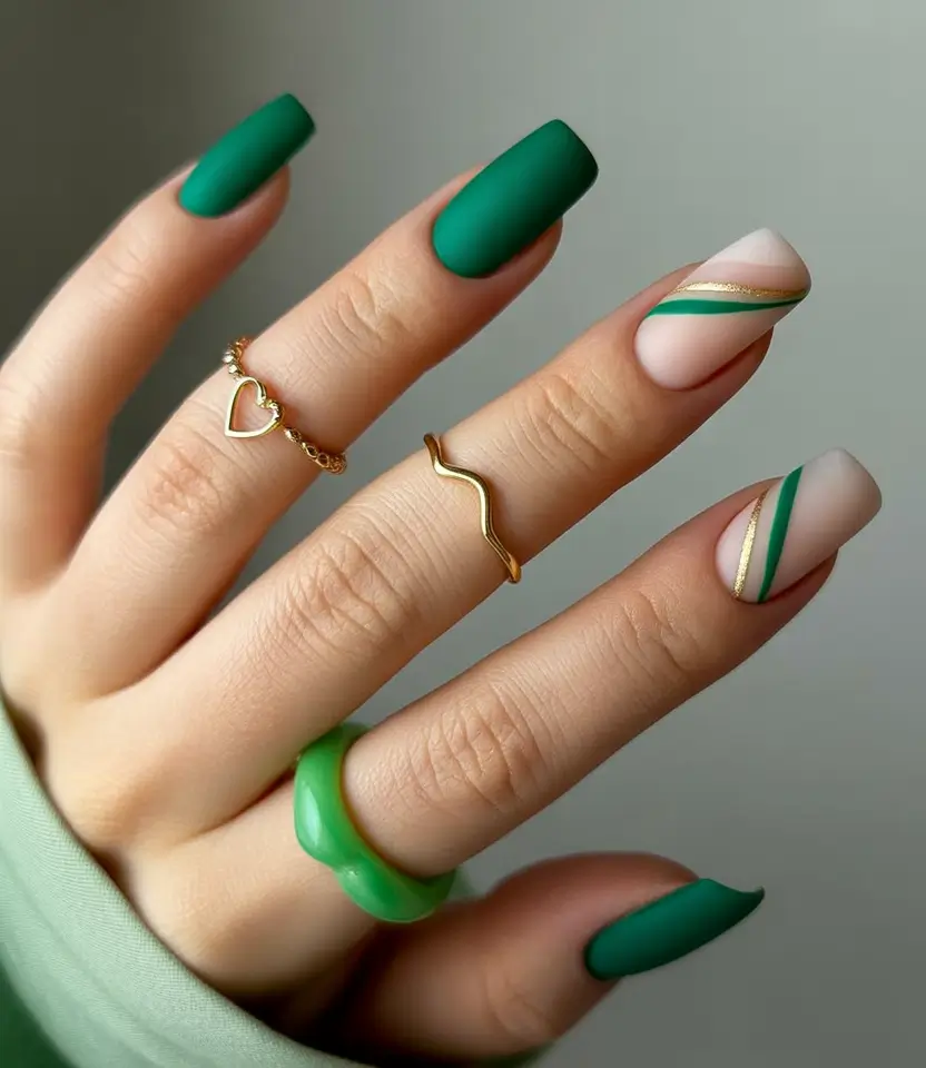 Fresh Green Nails for Summer 2025+Matte Minimal with a Gold Twist