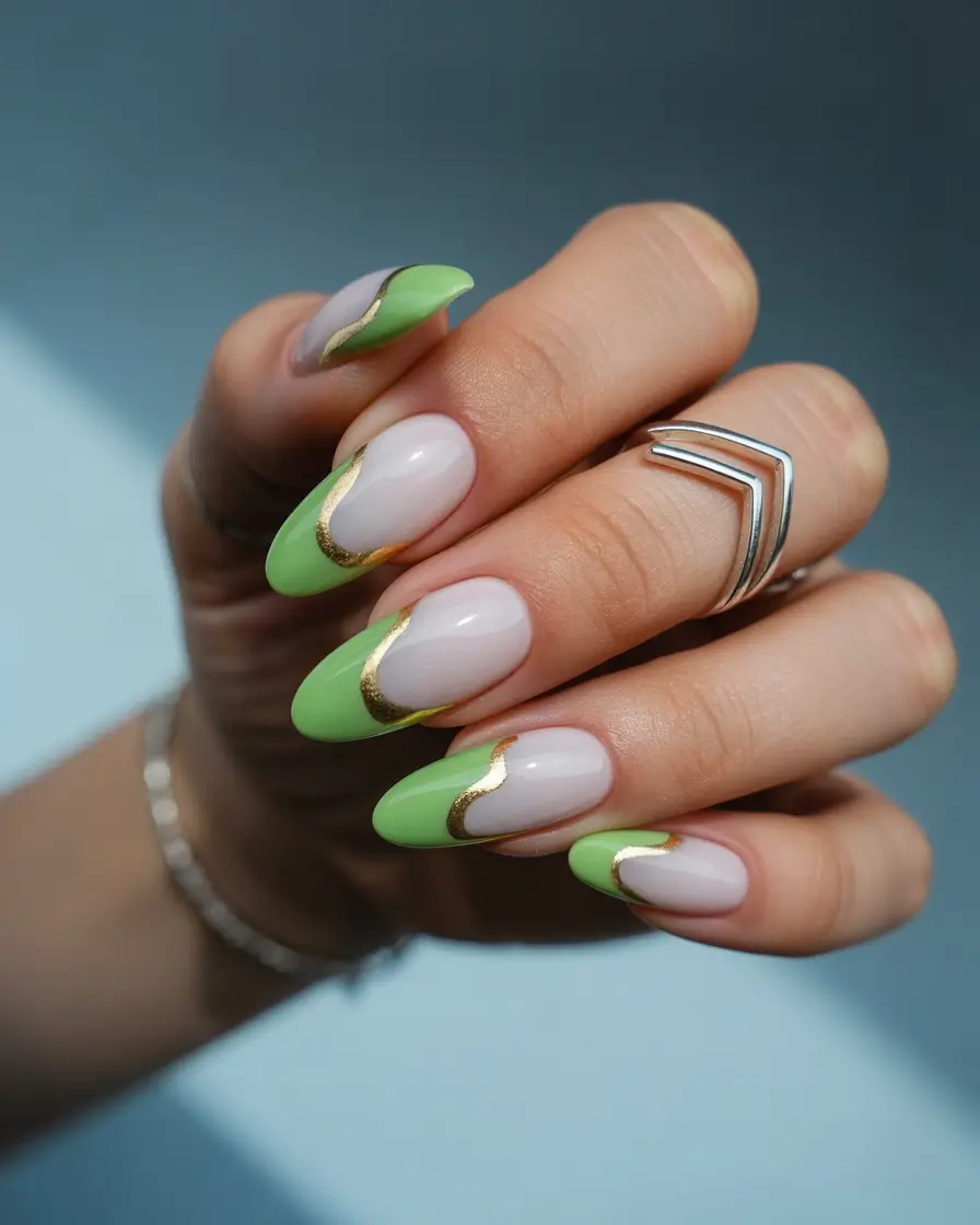 Fresh Green Nails for Summer 2025+Lime French with Golden Waves