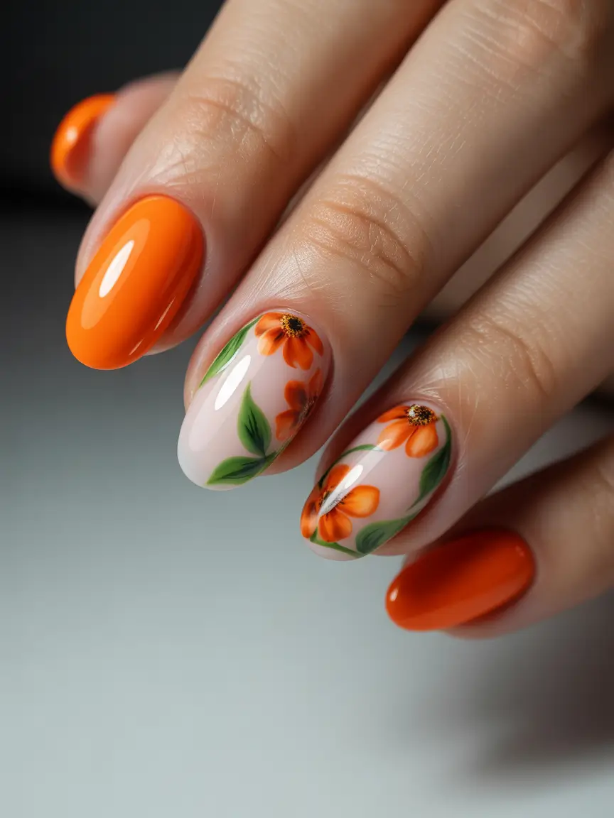 Fresh Nail Ideas to Try This May 2025 - Vibrant Tangerine Bloom