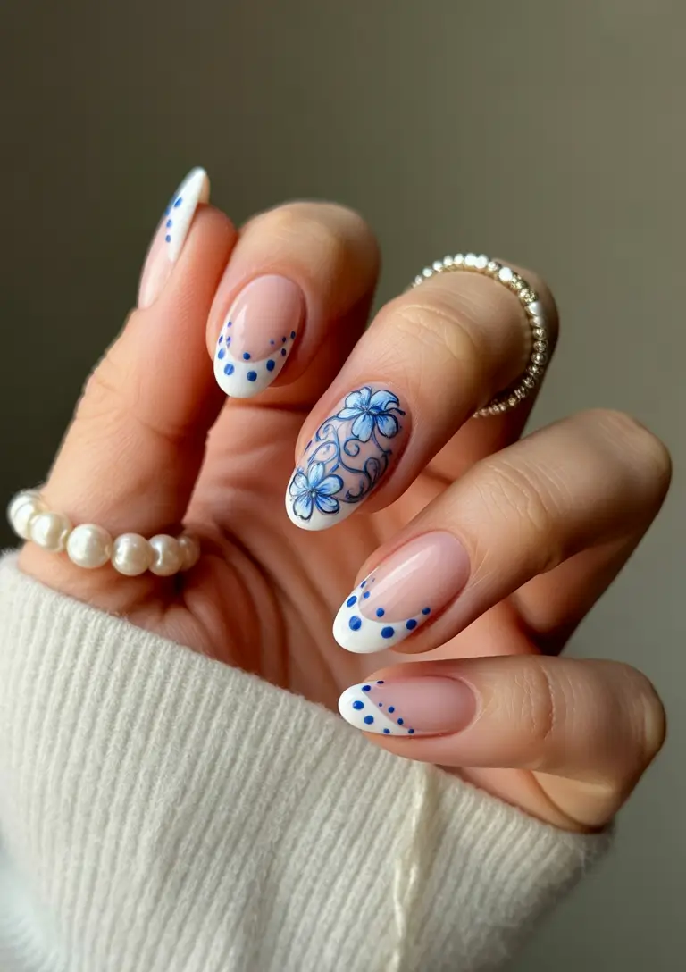 Fresh Nail Inspo for Summer 2025 Delft Blue Florals