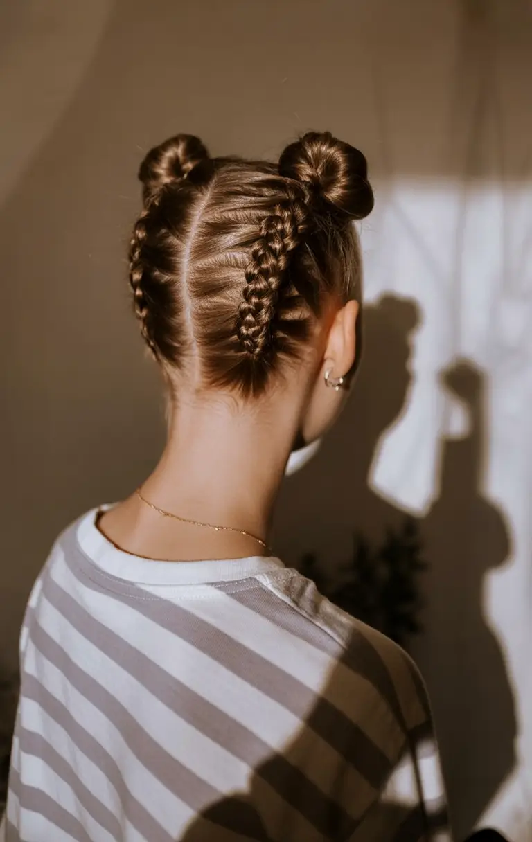 Fresh Summer Hairstyles for Teen Girls 2025+Double Dutch Braided Space Buns with a Twist
