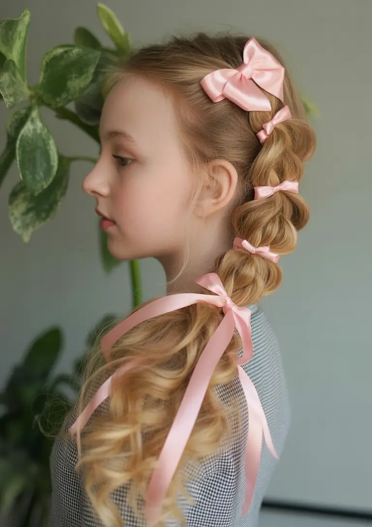 Fresh Summer Hairstyles for Teen Girls 2025+Curly Ribbon Cascade Braid