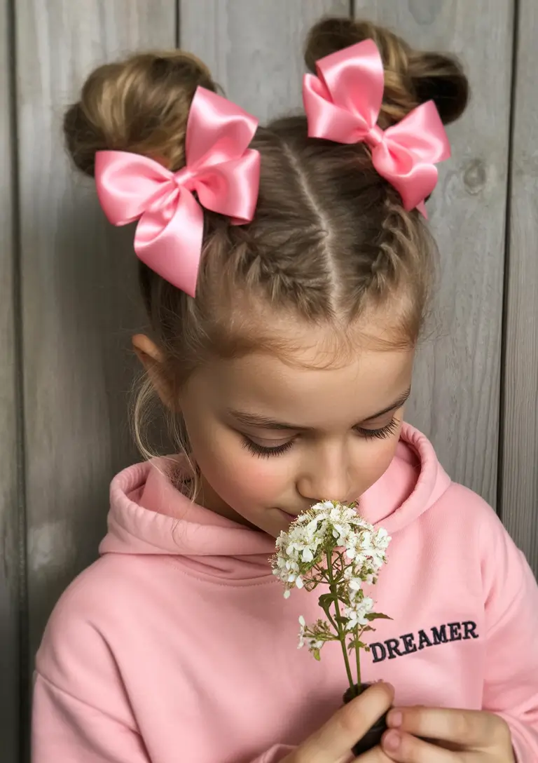 Fresh Summer Hairstyles for Teen Girls 2025+Double Space Buns with Pink Statement Bows