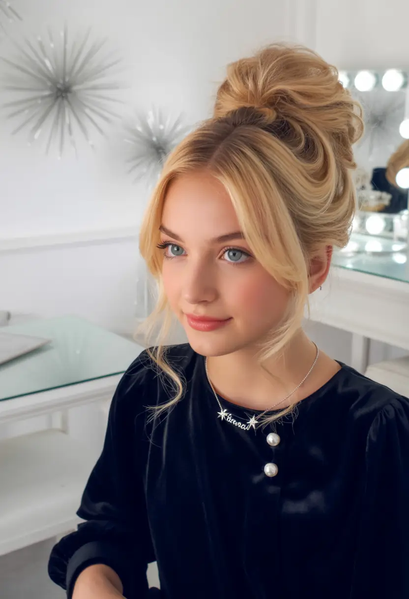 Fresh Summer Hairstyles for Teen Girls 2025+Big Volume Blowout Bun with Curtain Bangs
