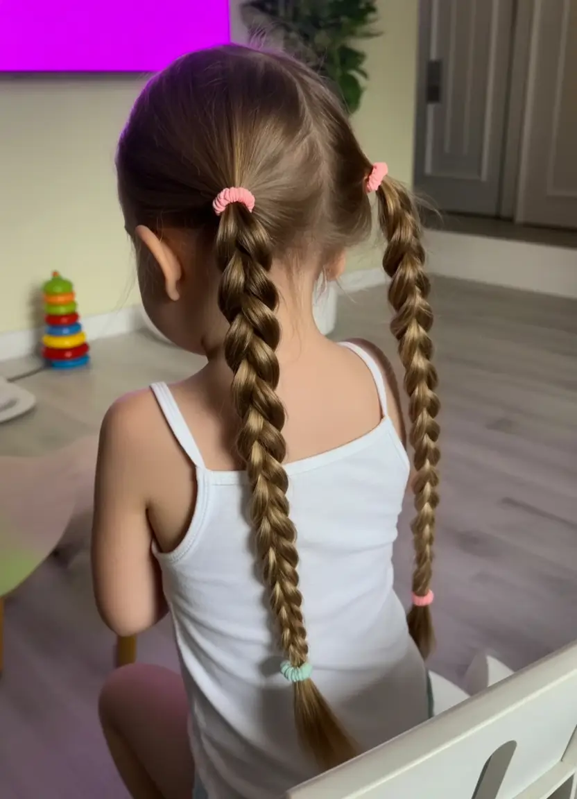 Fresh Summer Hairstyles for Teen Girls 2025+Playful Twin Braids with Color Pop Bands