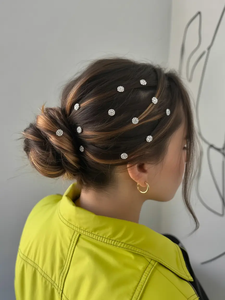 Fresh Summer Hairstyles for Teen Girls 2025+Sleek Low Bun with Rhinestone Blossoms