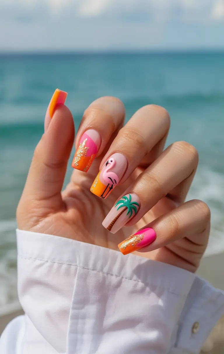 Fun Summer Nail Art Ideas 2025 Flamingo and Palm Paradise