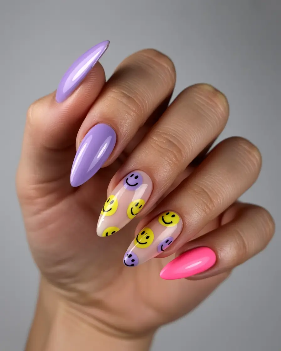 Fun Summer Nail Art Ideas 2025 Colorful Smiley Face Delight