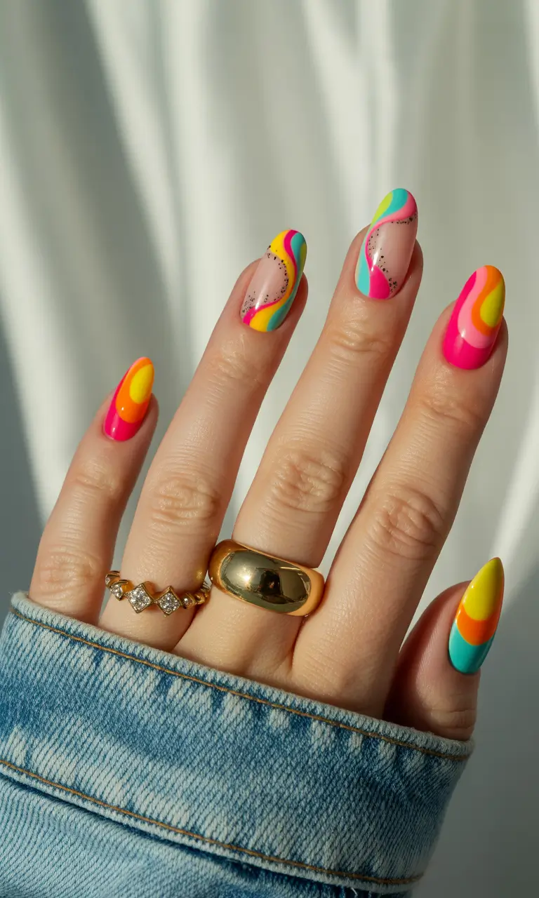 Fun Summer Nail Art Ideas 2025 Neon Swirl Bliss