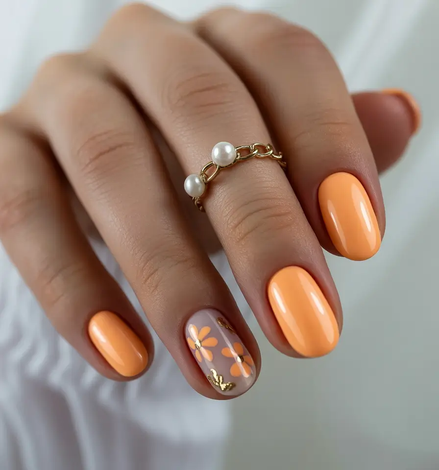 Fun Summer Nail Art Ideas 2025 Golden Daisies on Peach