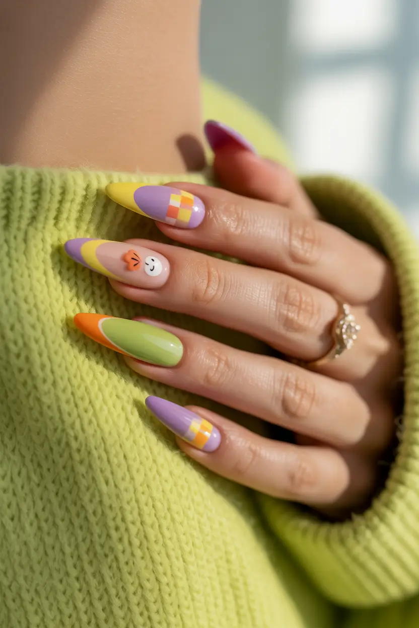 Fun Summer Nail Art Ideas 2025 Retro Checkerboard and Smiley Faces