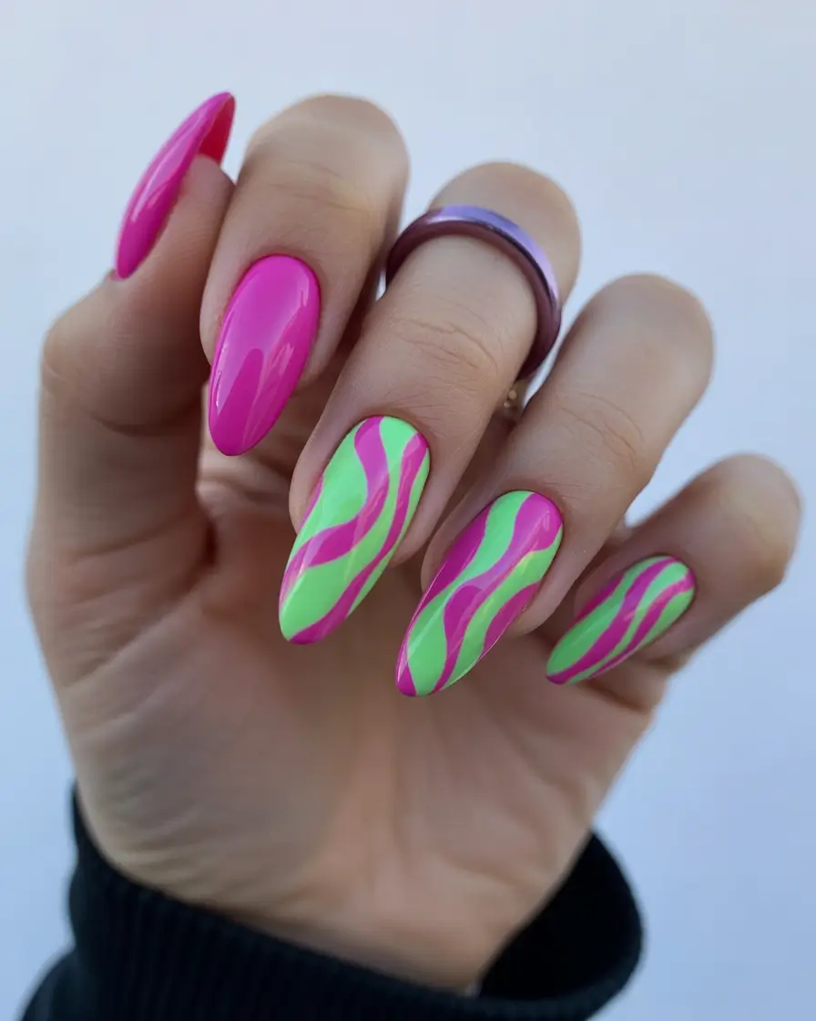 Glossy Gel Nail Designs for Summer 2025 Neon Dream Waves