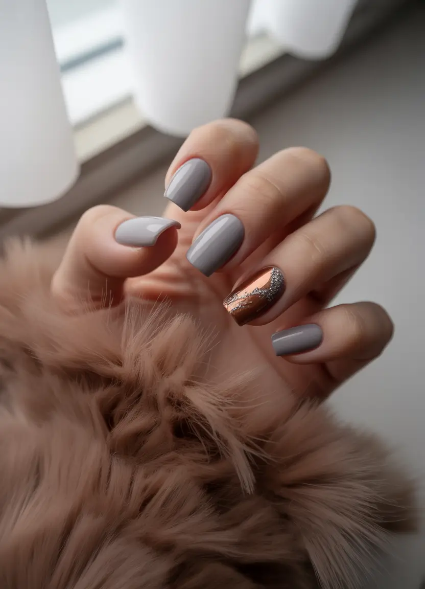 Glossy Gel Nail Designs for Summer 2025 Sophisticated Gray and Copper