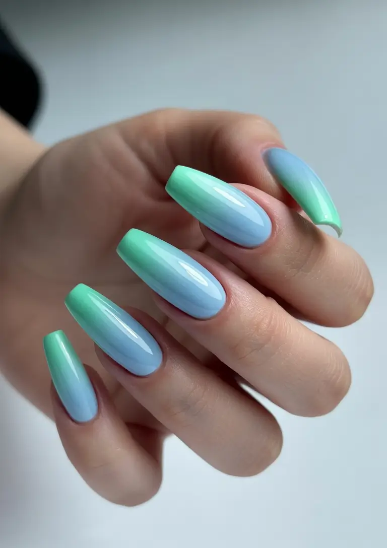 Glossy Gel Nail Designs for Summer 2025 Soft Mint and Sky Blue Gradient