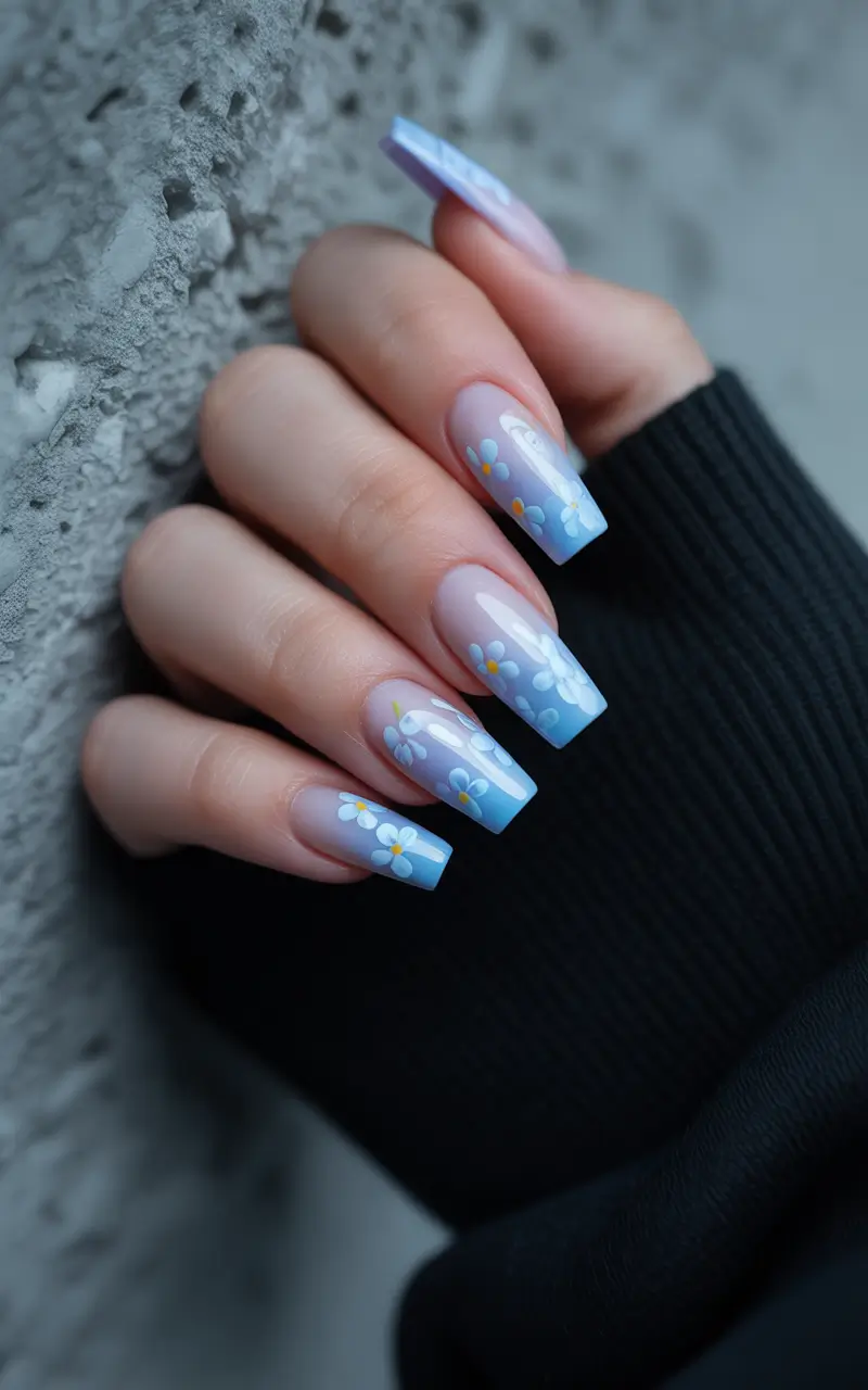 Glossy Gel Nail Designs for Summer 2025 Pastel Blue Daisy French Tips