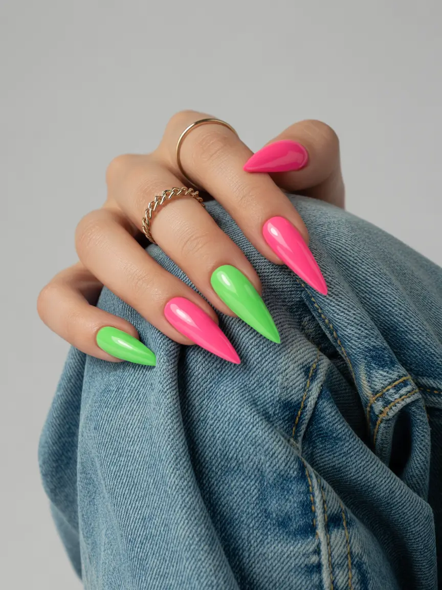 Glossy Gel Nail Designs for Summer 2025 - Neon Stiletto