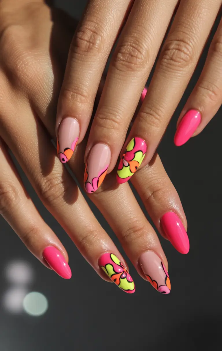 Glossy Gel Nail Designs for Summer 2025 - Psychedelic Florals