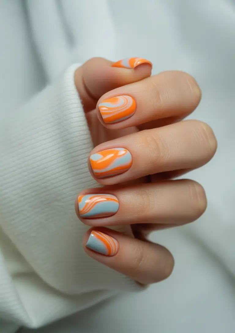Glossy Gel Nail Designs for Summer 2025 Playful Orange and Sky Blue