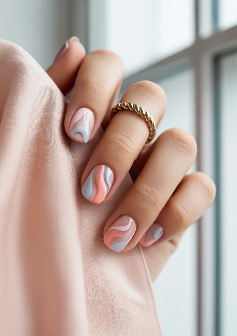Glossy Gel Nail Designs for Summer 2025 Soft Pastel Swirls