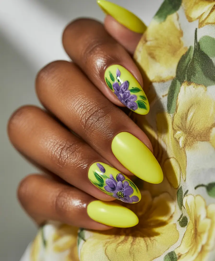 Glossy Gel Nail Designs for Summer 2025 Sunshine Yellow Floral