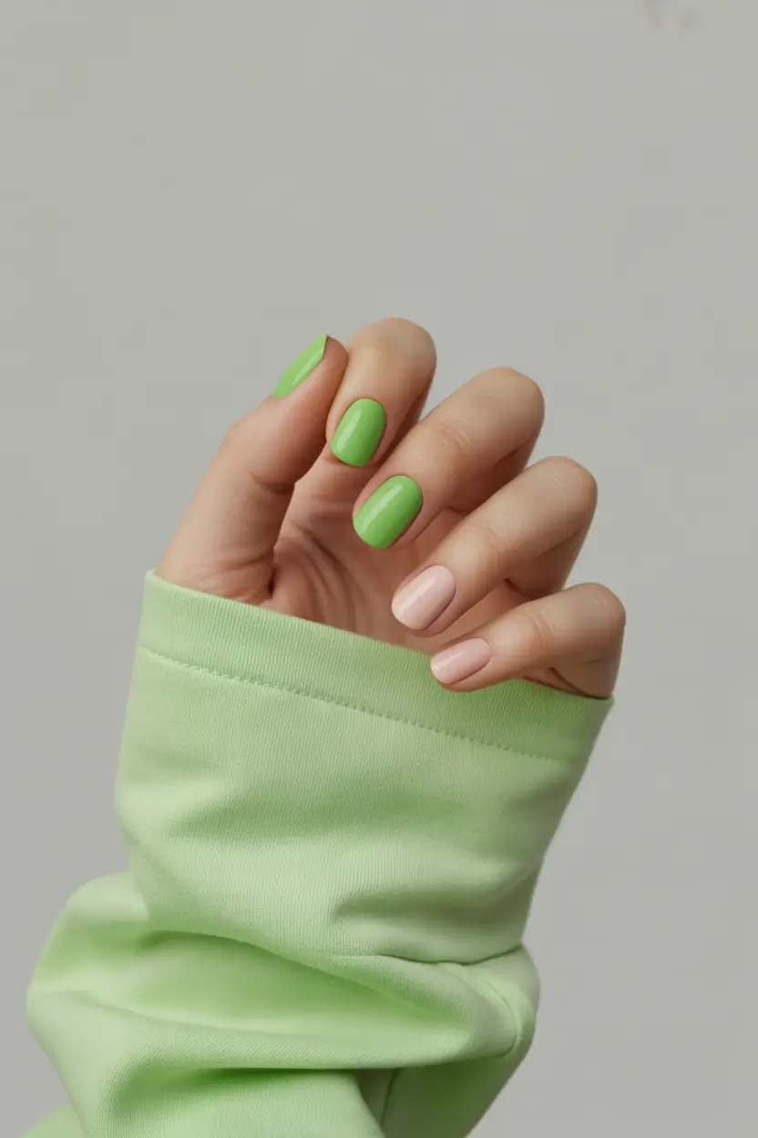 Glossy Gel Nail Designs for Summer 2025 Minimalist Green and Nude