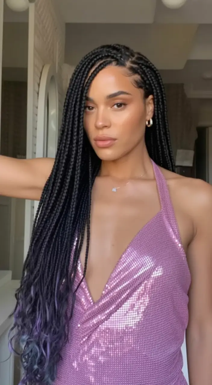 Gorgeous Braids for Black Women Summer 2025+Side-Part Box Braids With Purple Ombre Ends