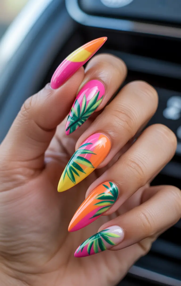 Hawaii Nail Inspo You’ll Love in 2025 Sunset Ombre with Jungle Leaf Drama