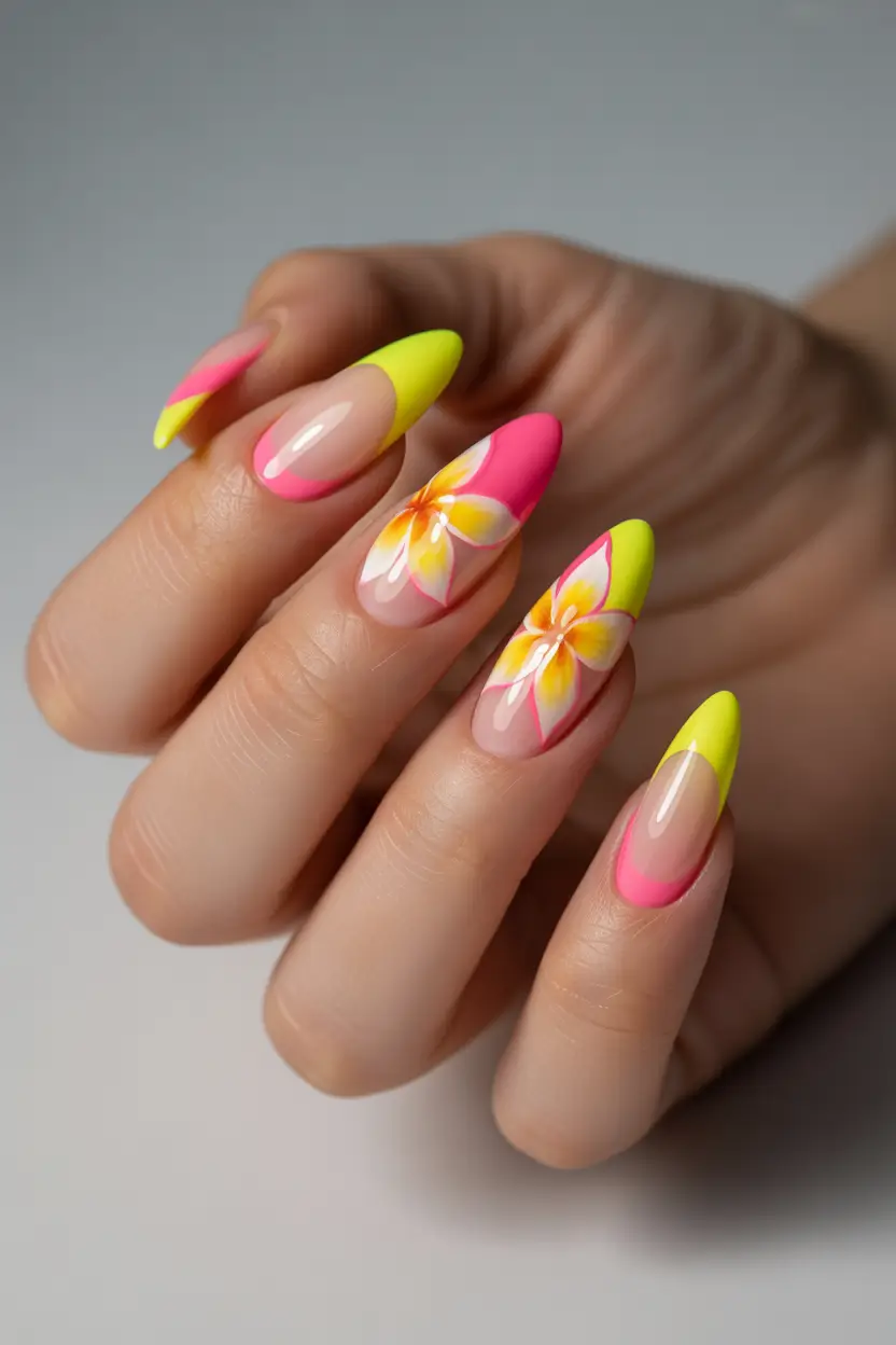 Hawaii Nail Inspo You’ll Love in 2025 Neon Tips with Plumeria Perfection