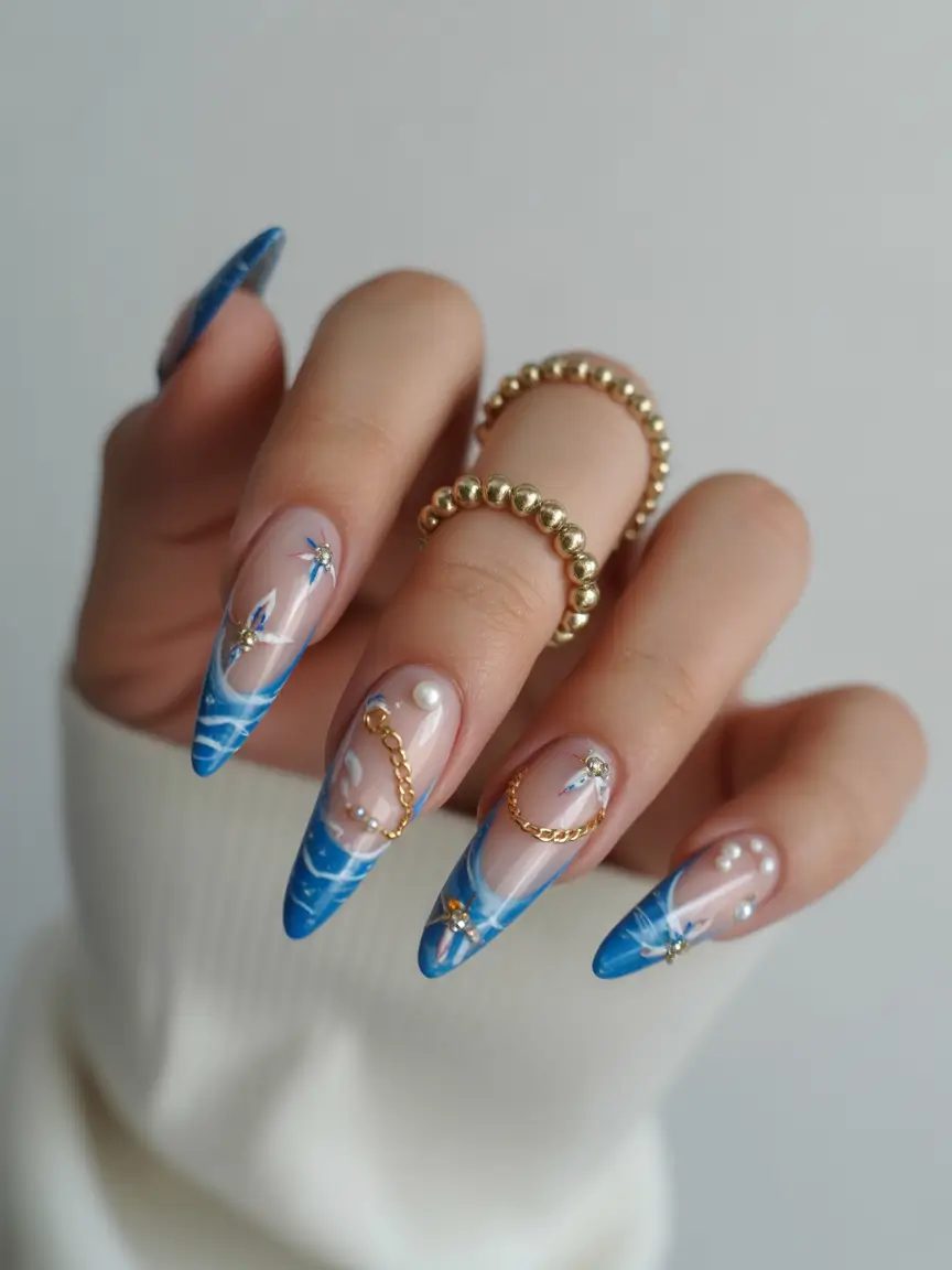 Hawaii Nail Inspo You’ll Love in 2025 Ocean Glimmer with Gold Chain Accents