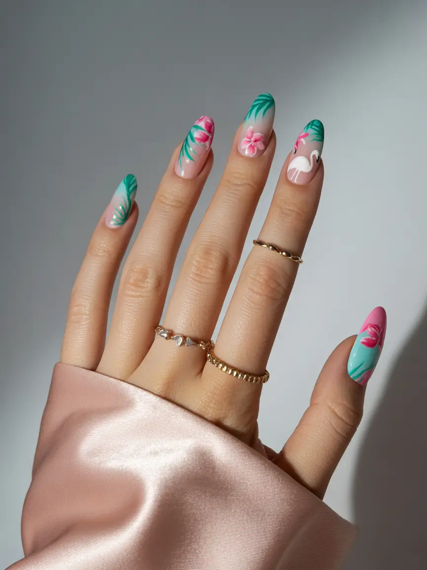 Hawaii Nail Inspo You’ll Love in 2025 Almond Jungle with Flamingo Vibes