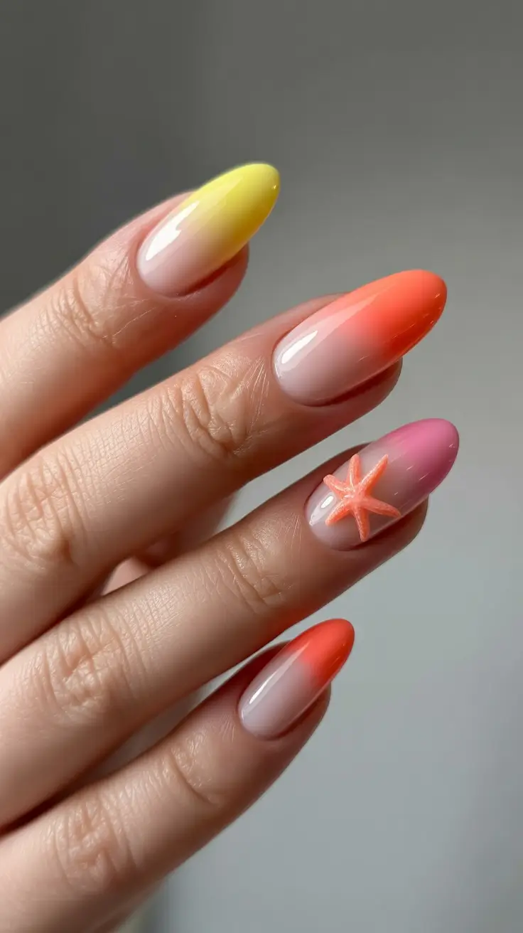 Hawaii Nail Inspo You’ll Love in 2025 Sunset Ombré with a Starfish Twist 