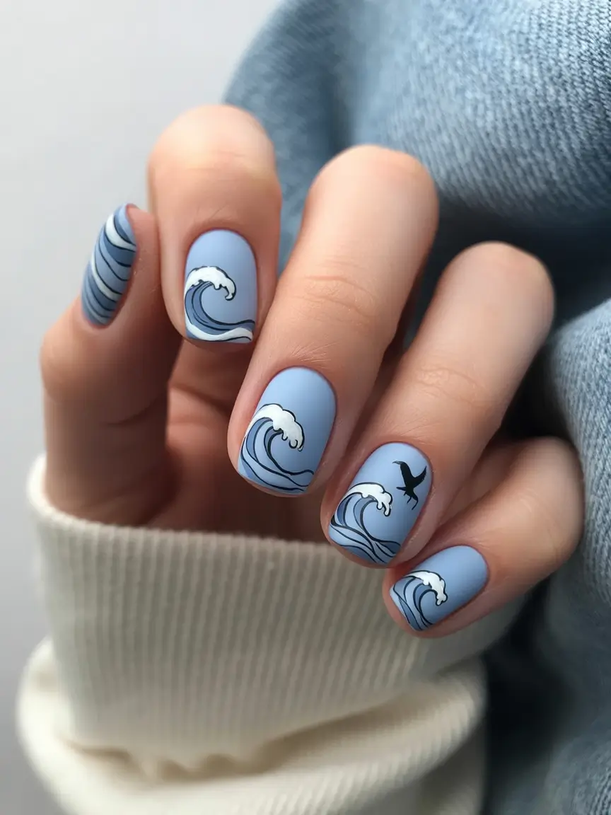 Hawaii Nail Inspo You’ll Love in 2025 Ocean Wave Graphic in Matte Blue