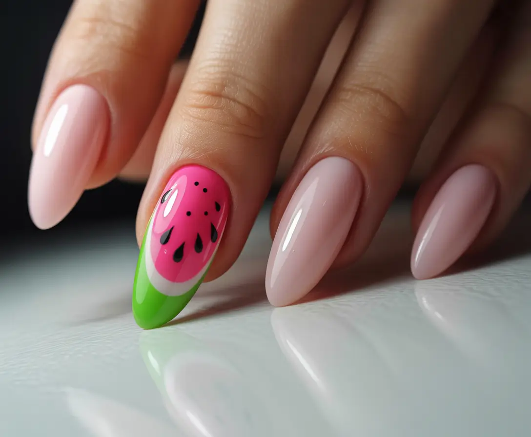 Juicy Watermelon Nails to Try in 2025 Soft Pink Base with One Bold Bite