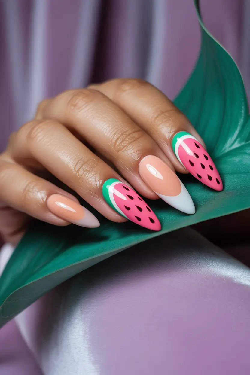 Juicy Watermelon Nails to Try in 2025 Glossy Almond Watermelon Blends