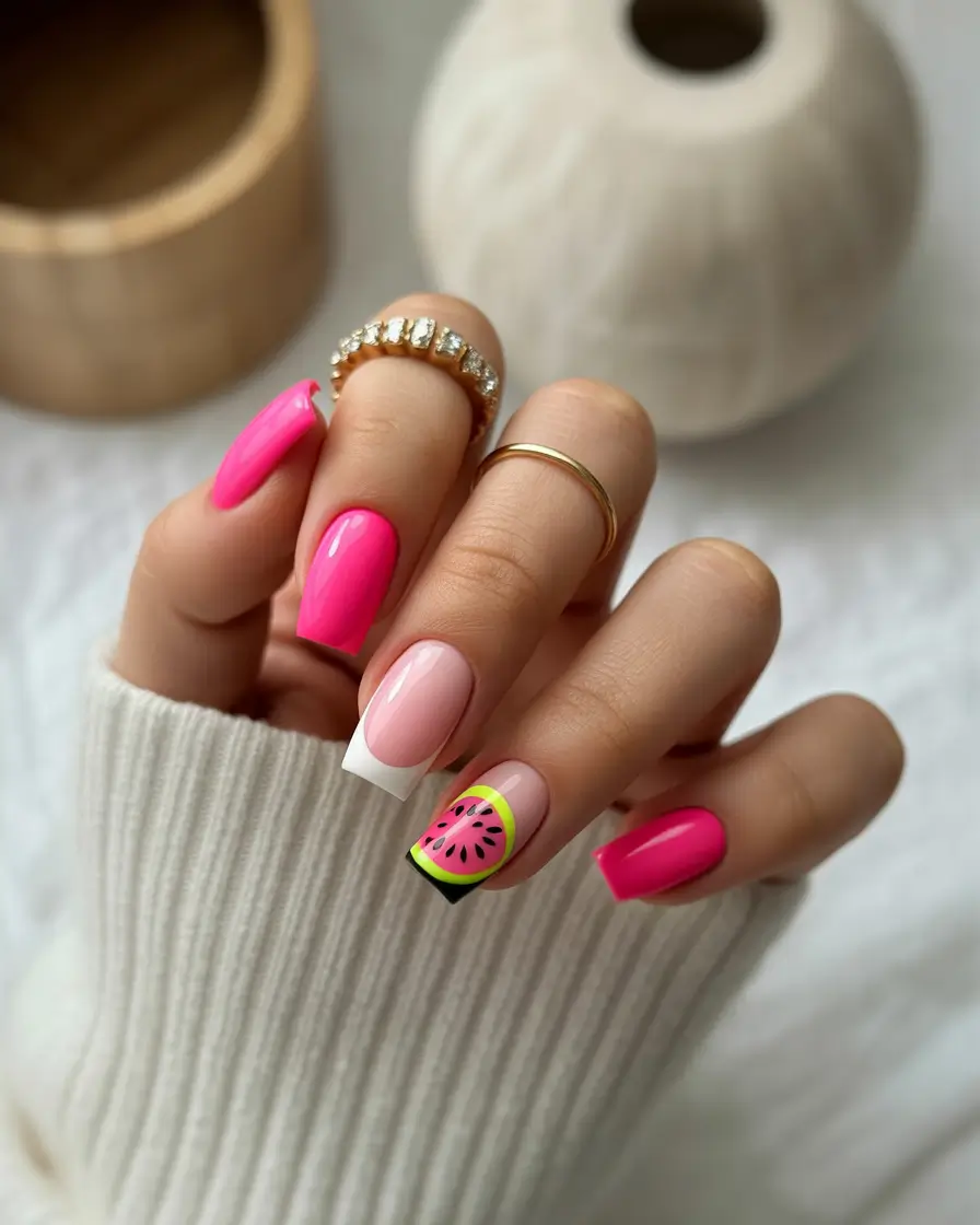 Juicy Watermelon Nails to Try in 2025 Square-Tipped French with a Fruity Pop