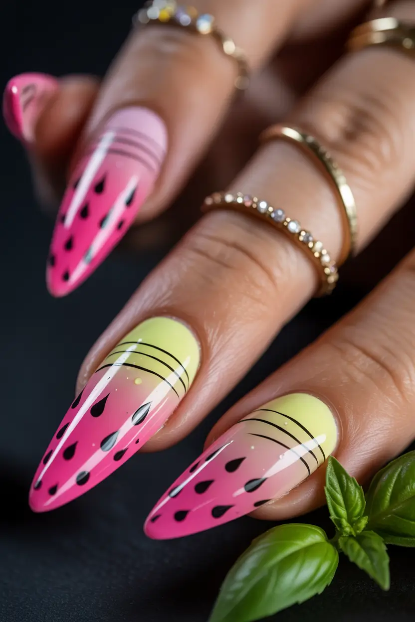 Juicy Watermelon Nails to Try in 2025 Sunset Ombre with Abstract Seeds