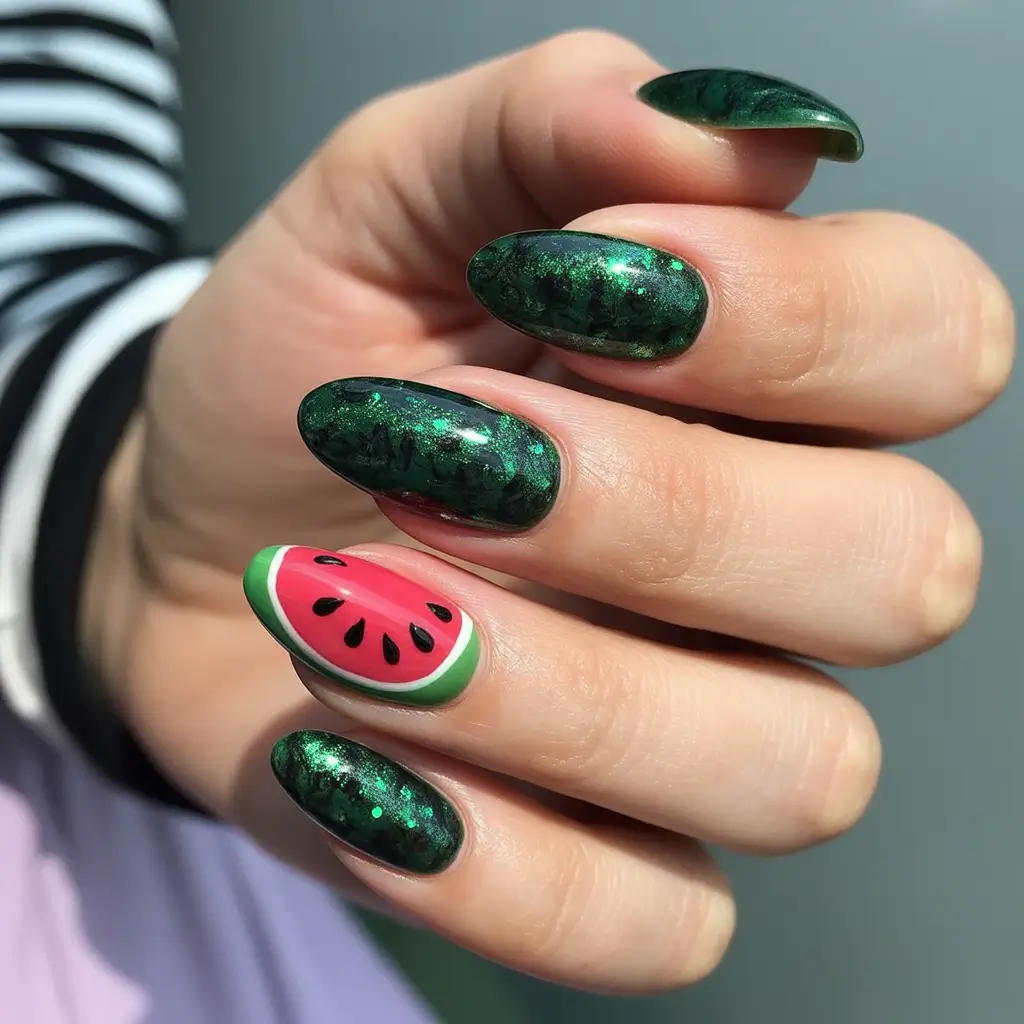 Juicy Watermelon Nails to Try in 2025 Dark Green Sparkle with Bold Accent Fruit