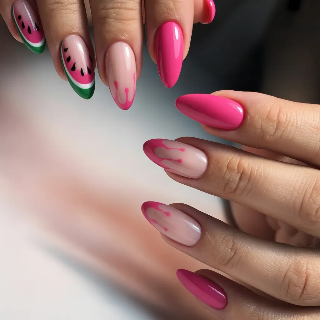Juicy Watermelon Nails to Try in 2025 High Gloss Pink with Drip Art Detail