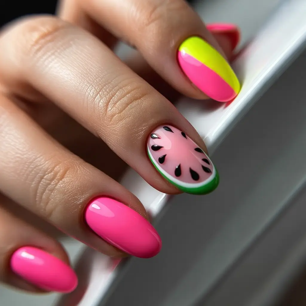 Juicy Watermelon Nails to Try in 2025 Playful Oval with Seed Burst Accent