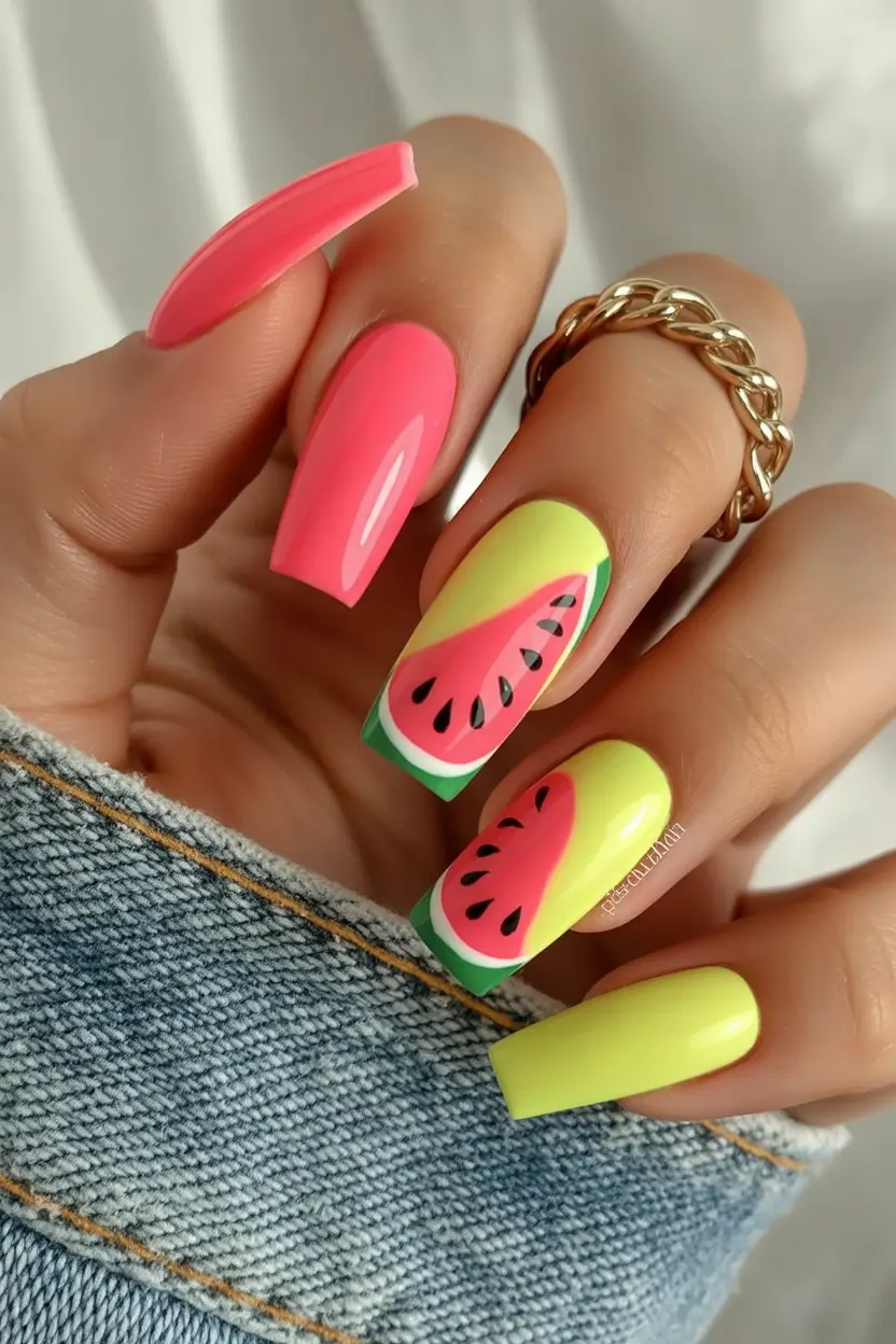 Juicy Watermelon Nails to Try in 2025 Squared-Up Watermelon Graphic Vibes