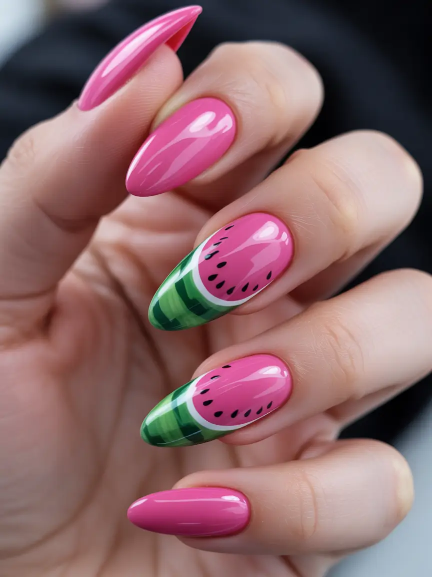 Juicy Watermelon Nails to Try in 2025 Glossy Gradient Pink with Watermelon Tips