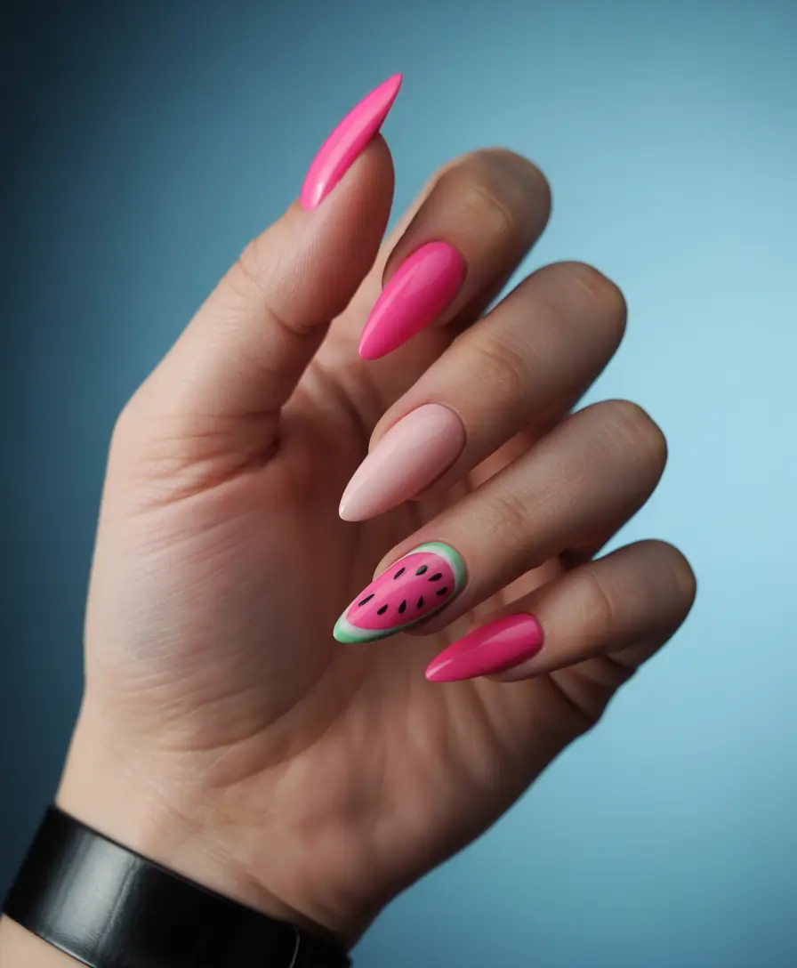 Juicy Watermelon Nails to Try in 2025 Pointed Pink with Watermelon Accent
