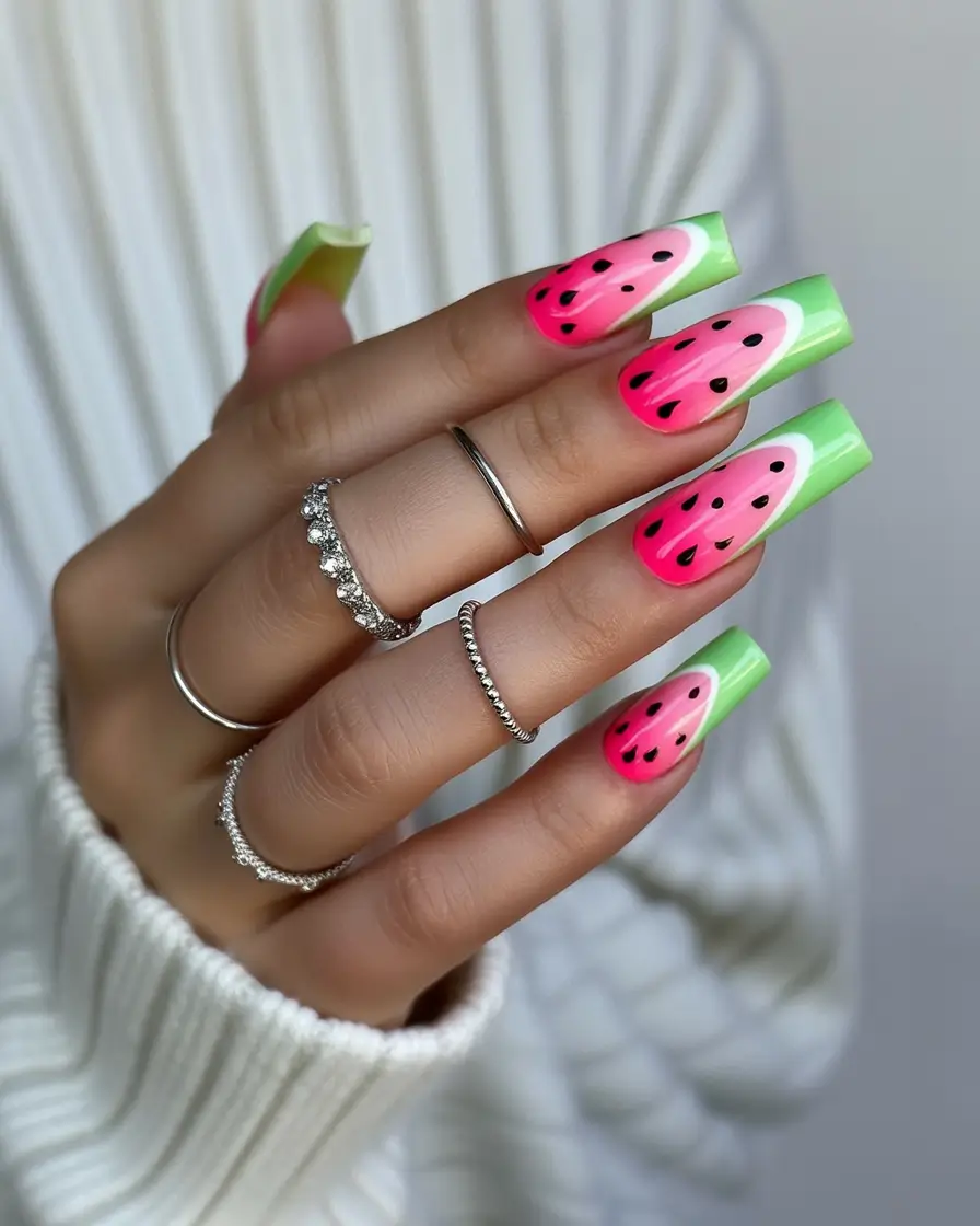 Juicy Watermelon Nails to Try in 2025 Green-Tipped Squared Neon Melons