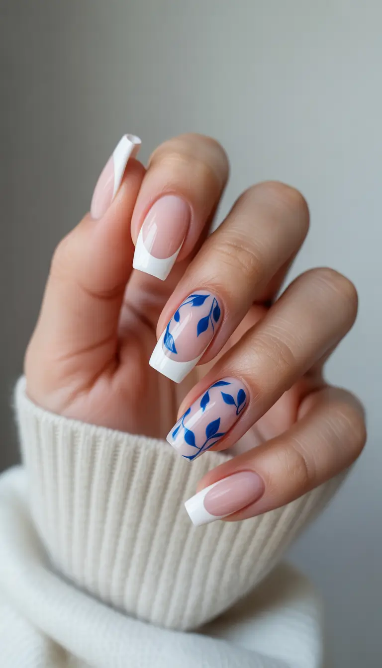 June 2025 Nail Colors Everyone’s Wearing Classic French with a Blue Botanical Twist