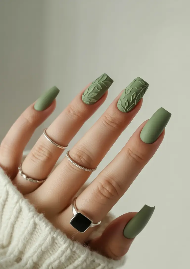 June 2025 Nail Colors Everyone’s Wearing Olive Leafy Matte Elegance
